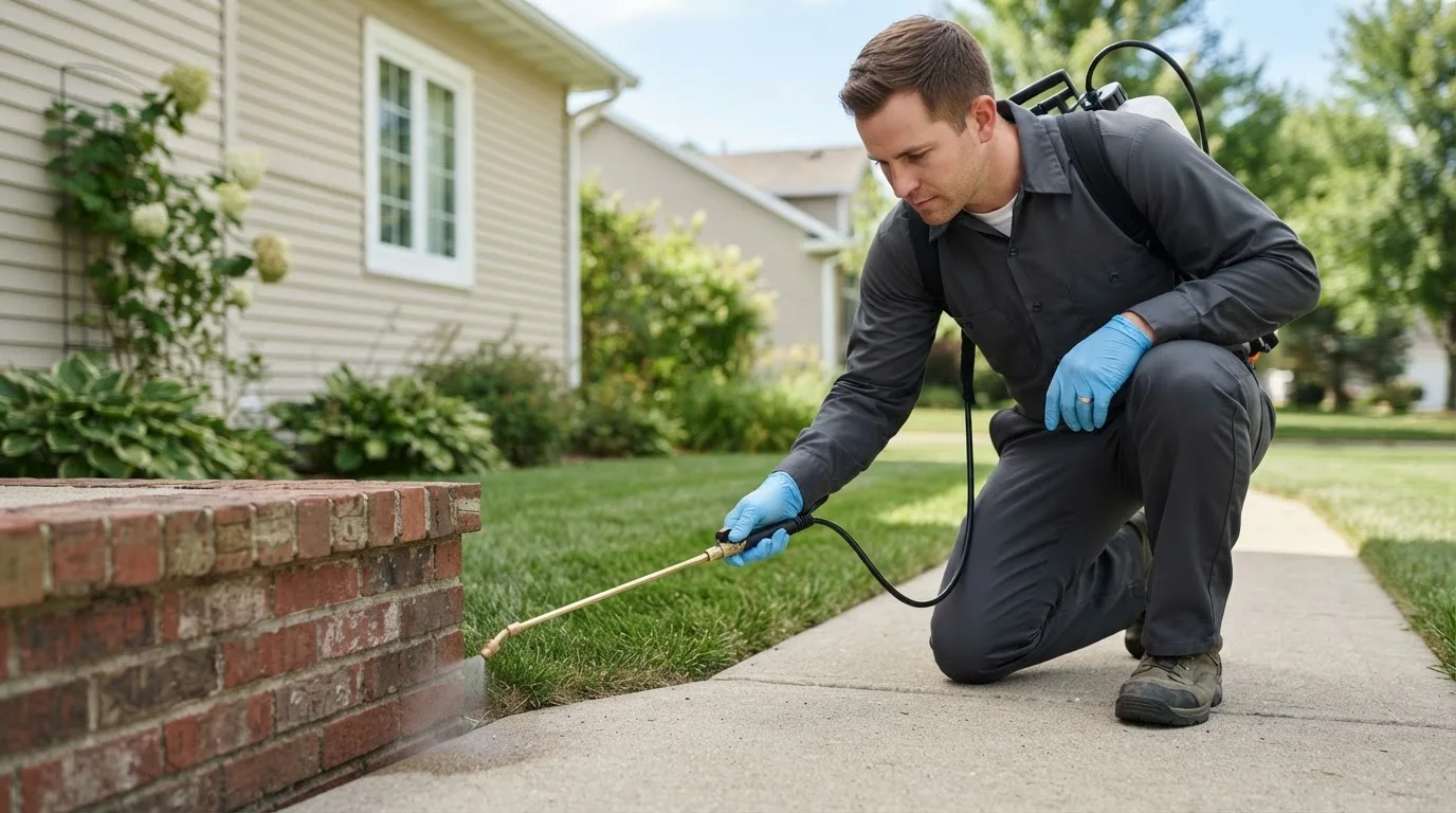 Pest control technician treating a home near Flower Mound, TX